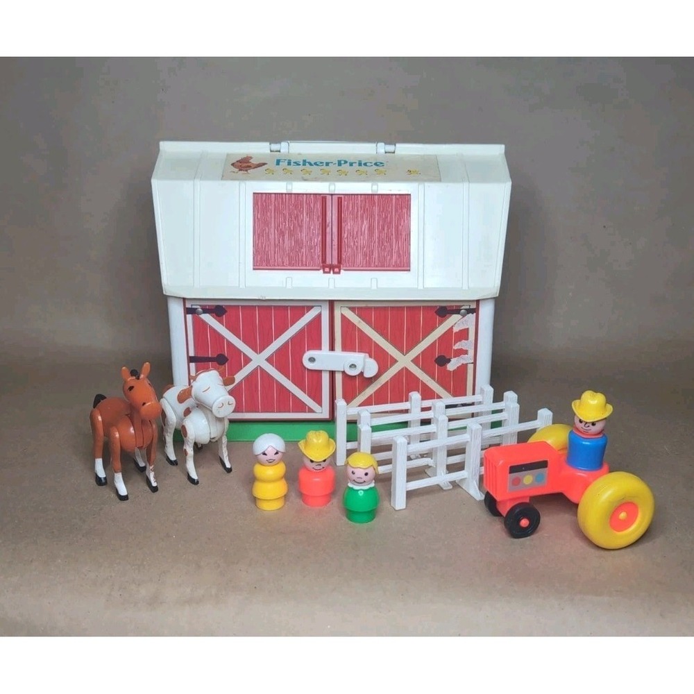 Fisher Price Little People Play Farm Barn Set Animals Tractor People, Doors Moo